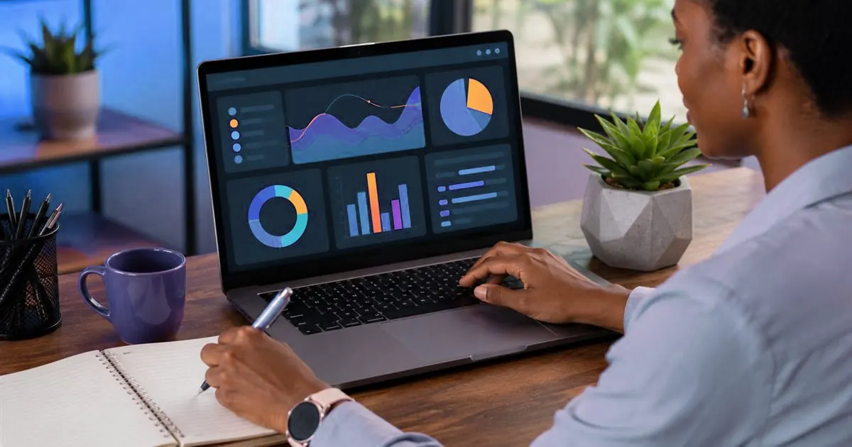 A business owner reviewing charts and data on a laptop