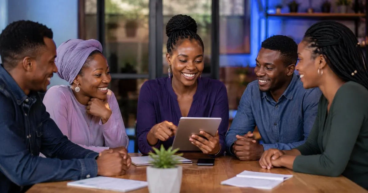 A group of people looking at a tablet together in a meeting