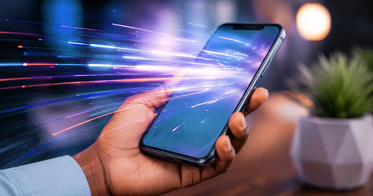 A hand holding a phone with light streaks showing a fast-loading website