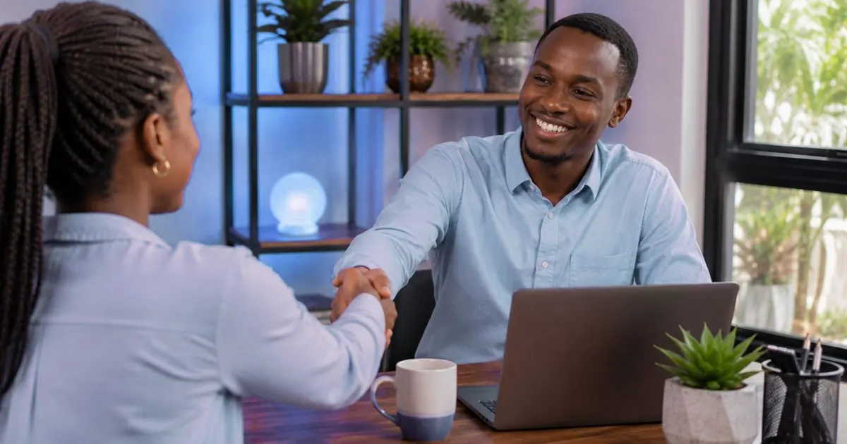 Two people shaking hands across a desk after a meeting