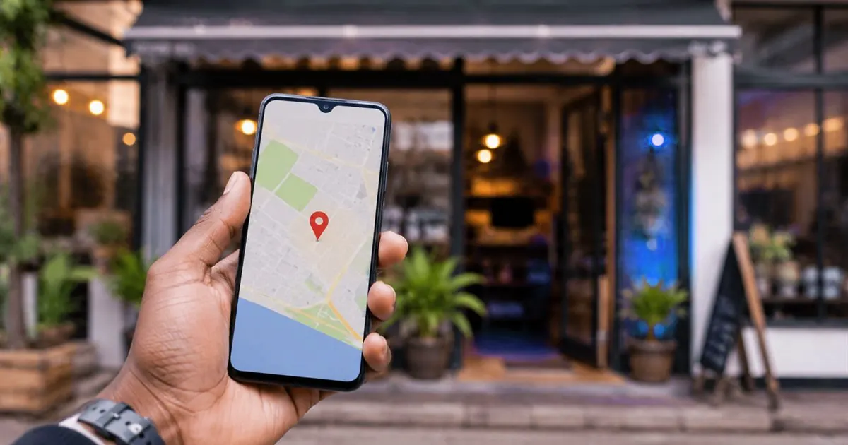 A phone showing a map pin outside a shop front
