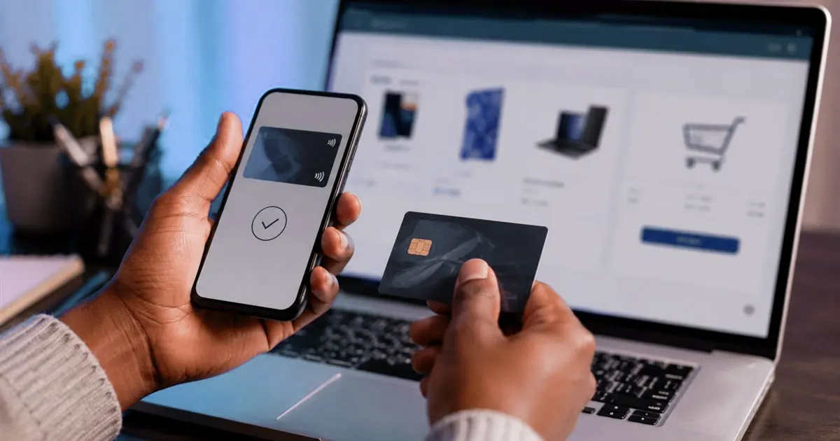 A customer confirming a payment on a phone while shopping online on a laptop