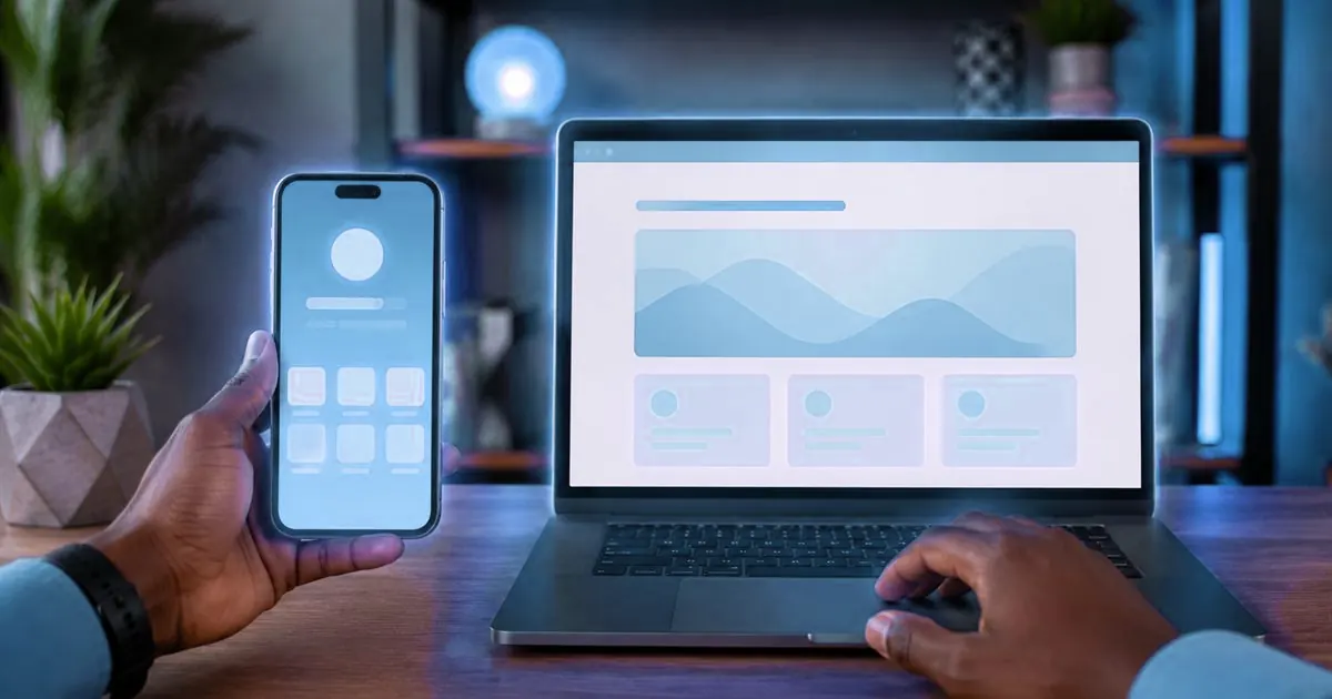 A phone showing a simple menu held next to a laptop