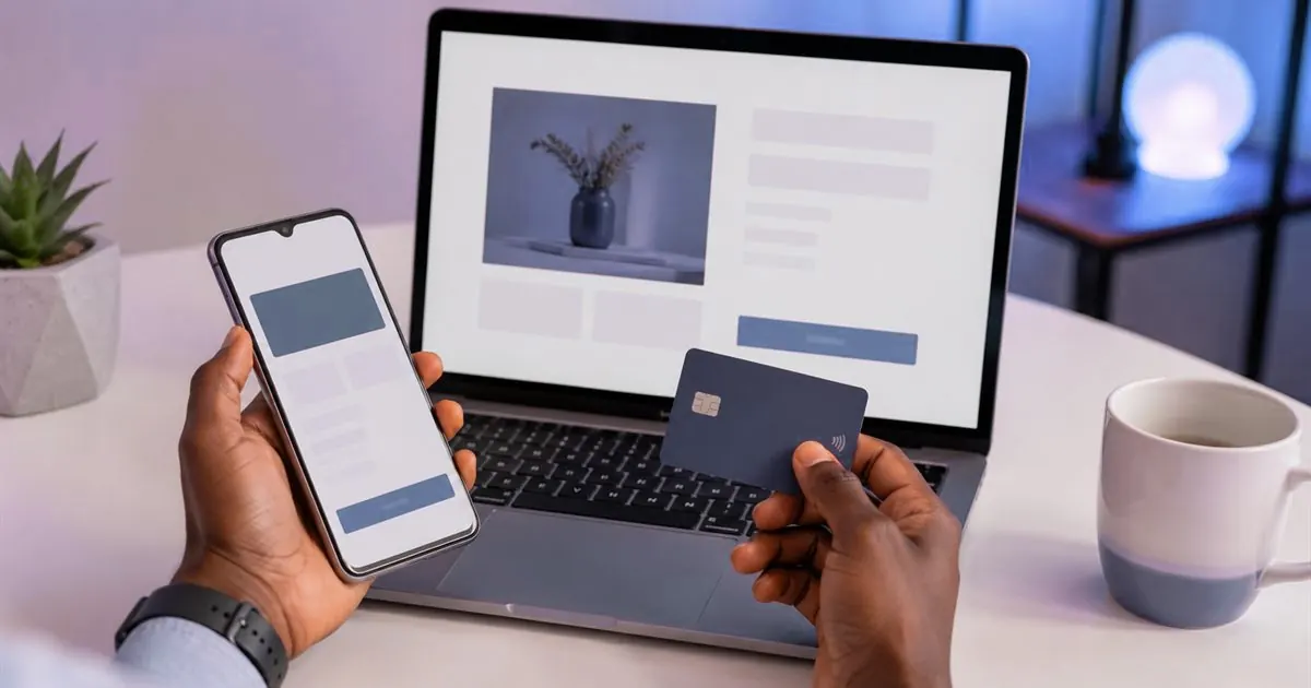 A person holding a phone and a payment card at a desk