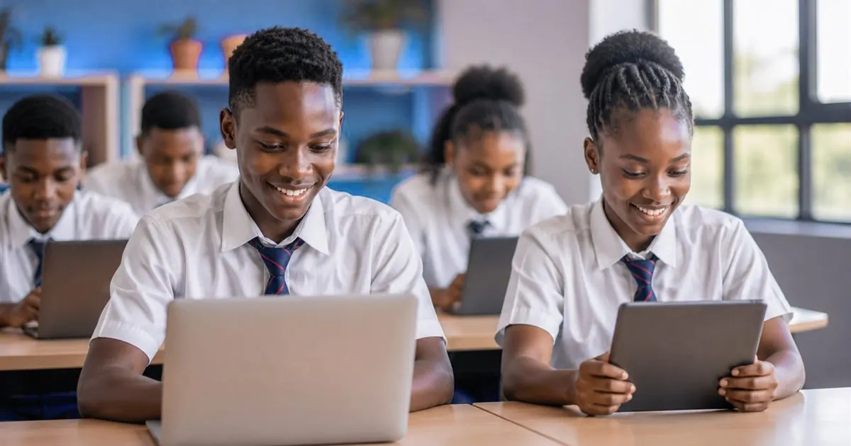 Students in uniform using laptops and tablets in a classroom