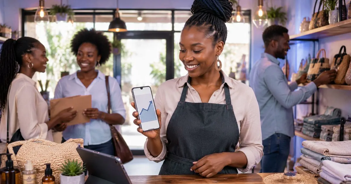 A shop attendant showing something on her phone while customers browse the shop