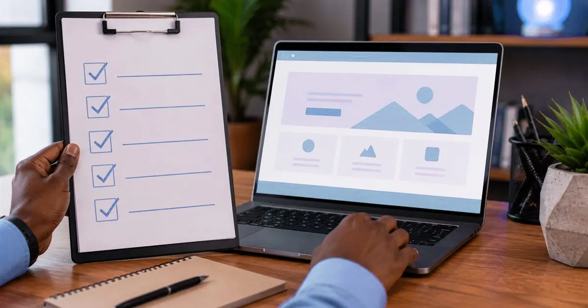 A website checklist on a clipboard next to a laptop showing a page layout