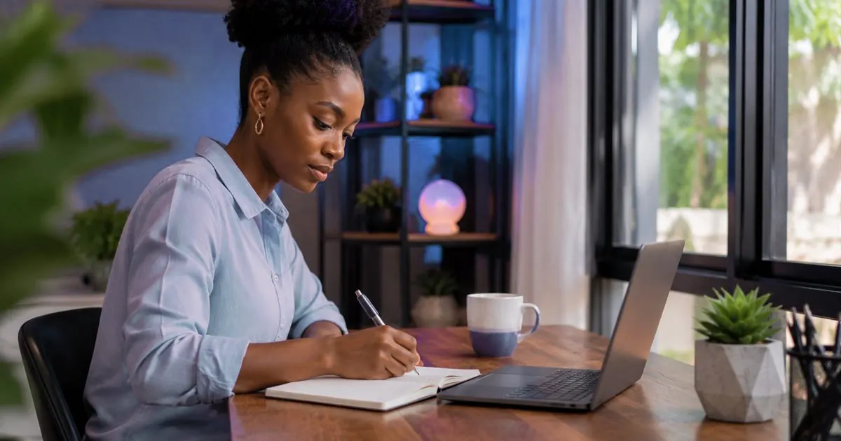 A woman at a desk writing notes and planning content beside a laptop